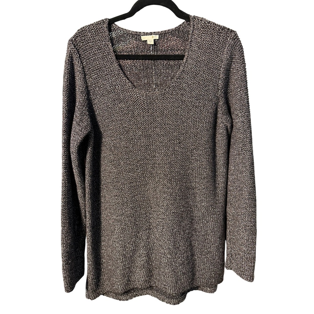 J. Jill Metallic Knit Scoop Neck Long Sleeve Tunic Sweater Charcoal Silver M